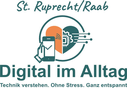 Logo Digital im Alltag - St. Ruprecht/Raab, ein Herz in einem Kreis und einem Icon (Hand mit Handy) das Herz ist zweigeteilt - Orange und Grün, in der grünen Hälfte sieht man einen Teil eines Mirco-Chips und es gehen Linien davon weg - dies soll die Vernetzung im Alltag symbolisieren. Mit Schriftzug.